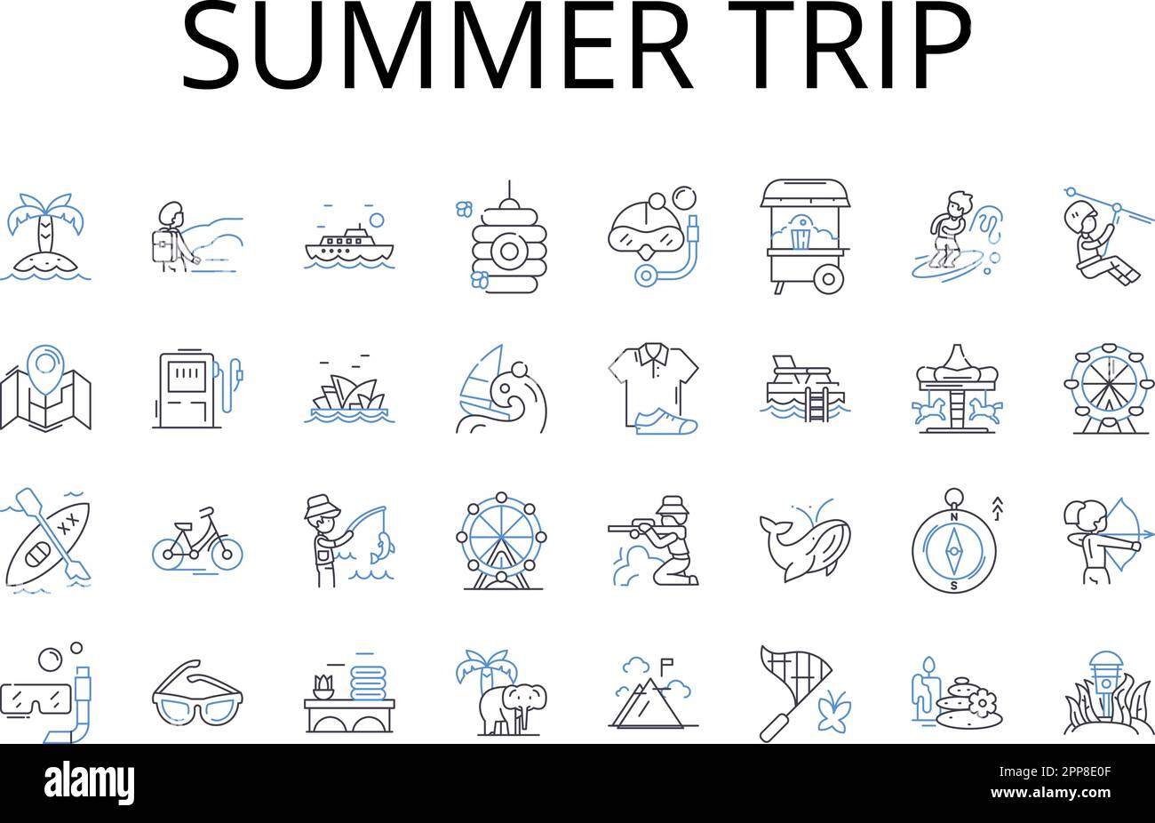 Collezione icone linea viaggio estivo. Fuga in spiaggia, viaggio in strada, spedizione in montagna, escursione sciistica, crociera sul fiume, Vacanza tropicale, vettore City Break Illustrazione Vettoriale