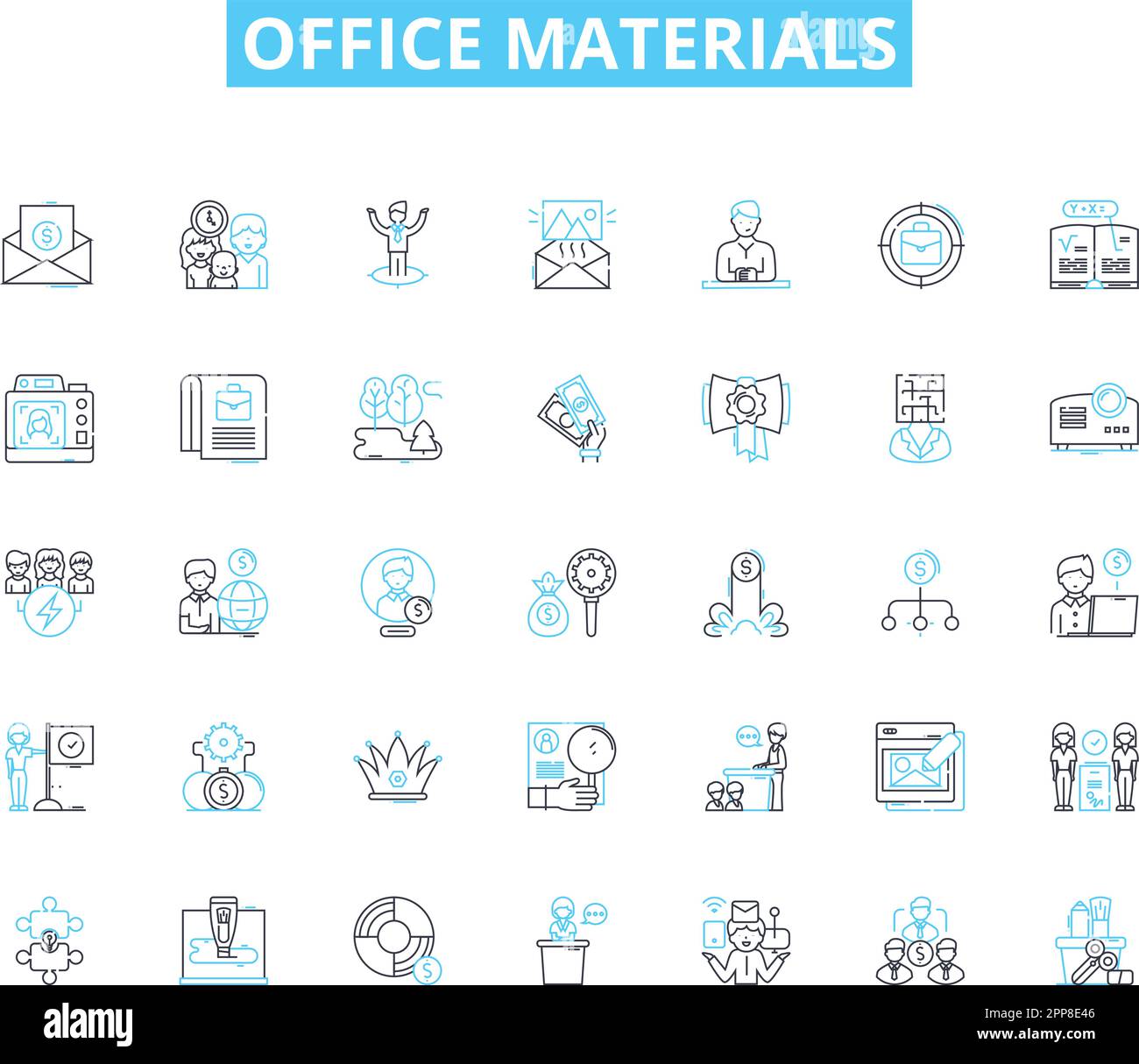 Set di icone lineari per materiali per ufficio. Scrivania, sedia, penna, carta, cucitrice, Nastro, vettore di linea di forbici e segnali concettuali. Evidenziatore, marcatore, calcolatrice Illustrazione Vettoriale