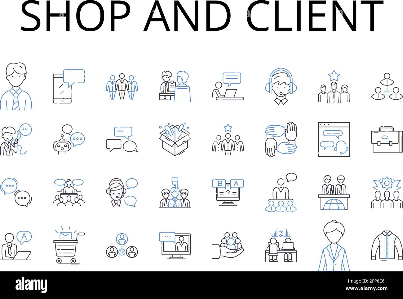 Collezione di icone della linea del negozio e del cliente. hop store, boutique, mercato, outlet, emporio, grandi magazzini, negozi di alimentari vettoriali e illustrazione lineare Illustrazione Vettoriale