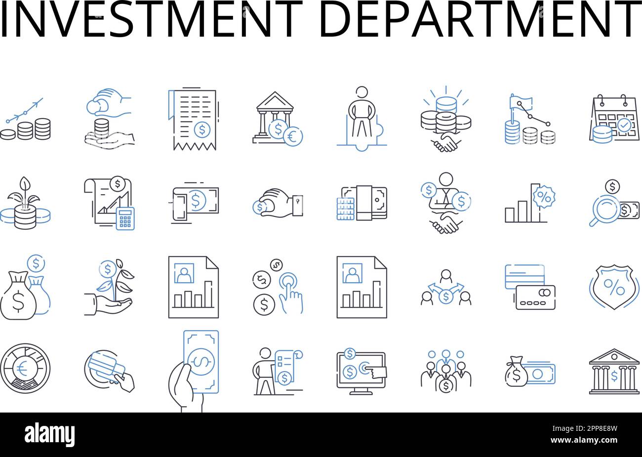Collezione icone linea reparto investimenti. Team finanziario, unità Wealth, Gruppo capitale, Divisione Fondi, reparto Asset, La mia squadra, ufficio Portfolio Illustrazione Vettoriale