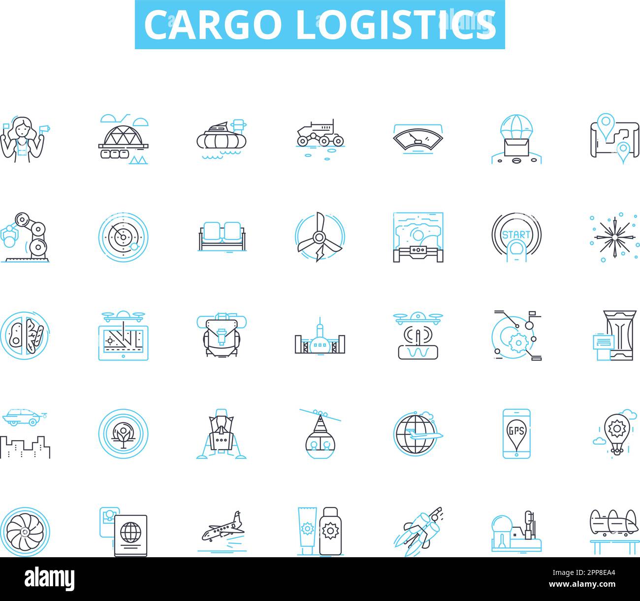 Set di icone lineari per la logistica del carico. Trasporto, spedizione, trasporto, catena di fornitura, magazzino, Distribuzione, vettore di linea di inventario e segnaletica concettuale Illustrazione Vettoriale