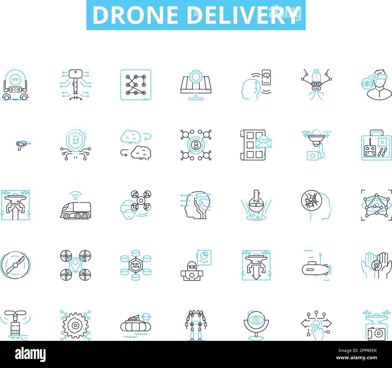 Set di icone lineari per la consegna dei droni. DRS, consegna, senza pilota, aereo, logistica, Efficienza, vettore di linea innovazione e segnali concettuali. Futuro, tecnologia Illustrazione Vettoriale