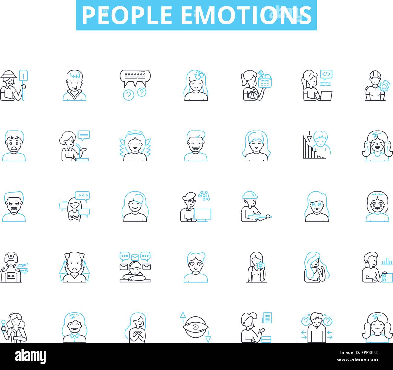 Persone emozioni lineari icone set. Felicità, tristezza, rabbia, Amore, odio, Gioia, vettore di linea di paura e segnali concettuali. Eccitazione, ansia, soddisfazione Illustrazione Vettoriale