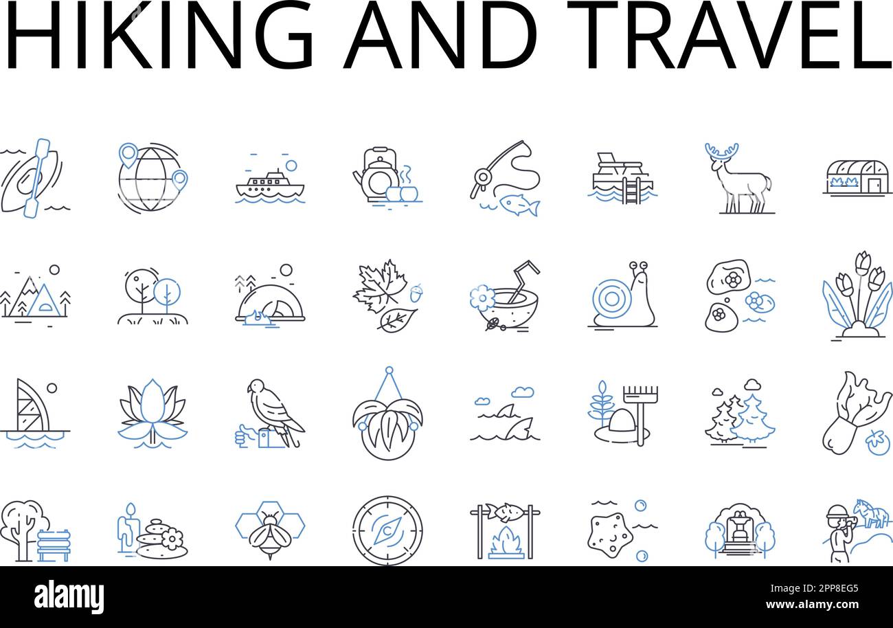 Collezione di icone per escursioni e viaggi. Fuga avventura, vela in barca, campeggio nella natura selvaggia, scalate trekking, cucina di cucina, Ciclismo in bicicletta Illustrazione Vettoriale