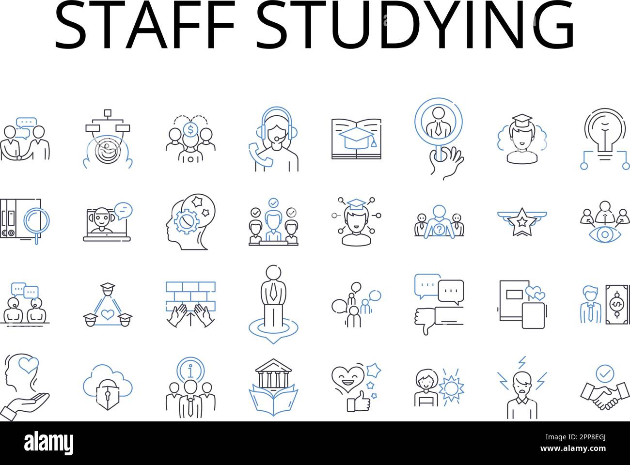 Personale che studia la collezione di icone di linea. Apprendimento dei dipendenti, formazione del team, formazione del personale, ricerca del personale, analisi della forza lavoro, Squadra di lavoro, personale Illustrazione Vettoriale