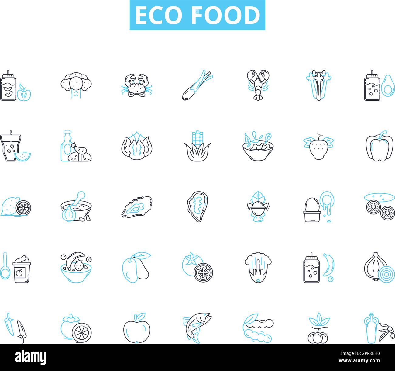 Set di icone lineari eco-alimentari. Sostenibile, biologico, locale, stagionale, biodegradabile, Segni etici, non tossici di vettore di linea e di concetto. Sano, naturale Illustrazione Vettoriale