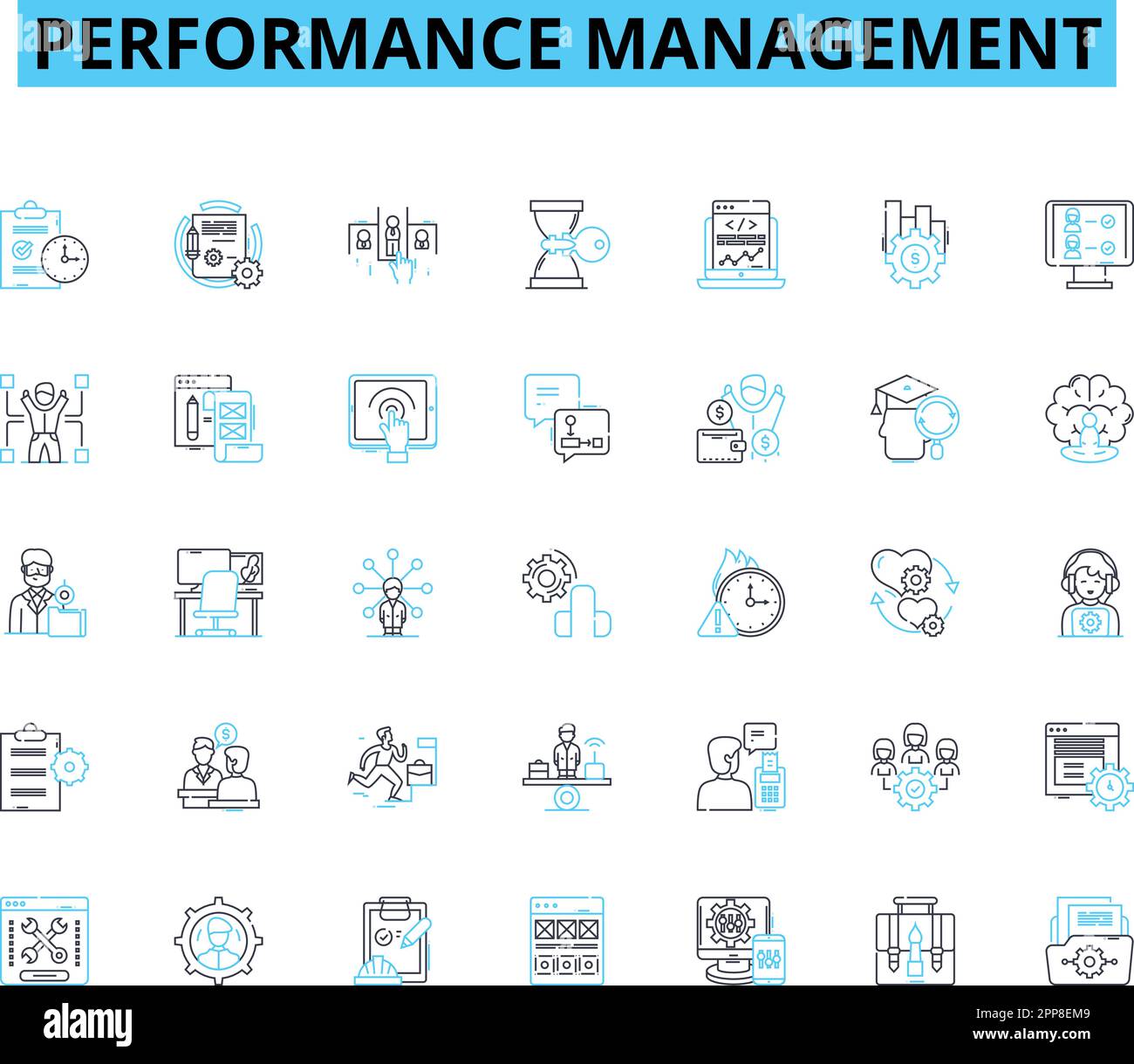 Set di icone lineari per la gestione delle prestazioni. Metriche, feedback, obiettivi, valutazione, valutazione, Sviluppo, vettore di linea di prestazioni e segnali di concetto Illustrazione Vettoriale