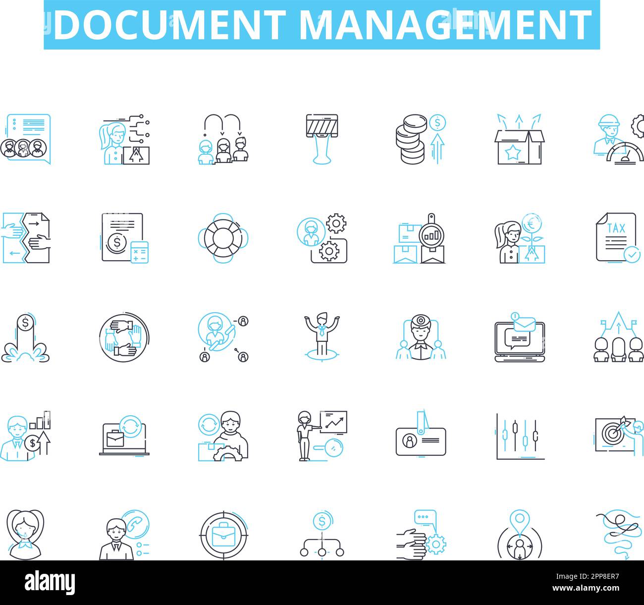 Set di icone lineari per la gestione dei documenti. Organizzazione, efficienza, automazione, sicurezza, flusso di lavoro, Collaborazione, vettore di linea di audit e segnali concettuali Illustrazione Vettoriale