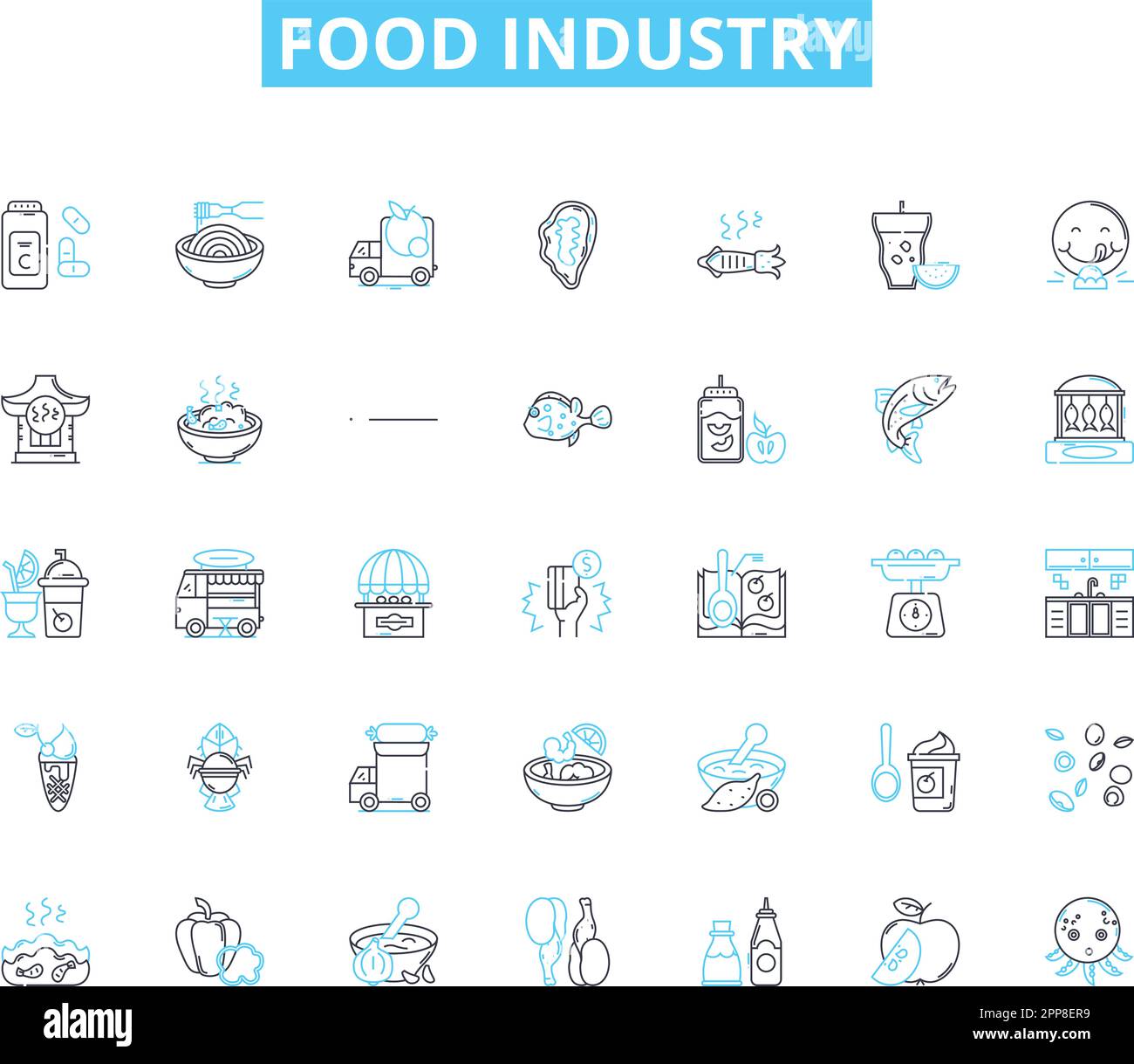 Set di icone lineari per l'industria alimentare. Agricoltura, Farming, pesca, bestiame, raccolto, Cucina, linea ristorante vettore e segnali di concetto. Ospitalità Illustrazione Vettoriale