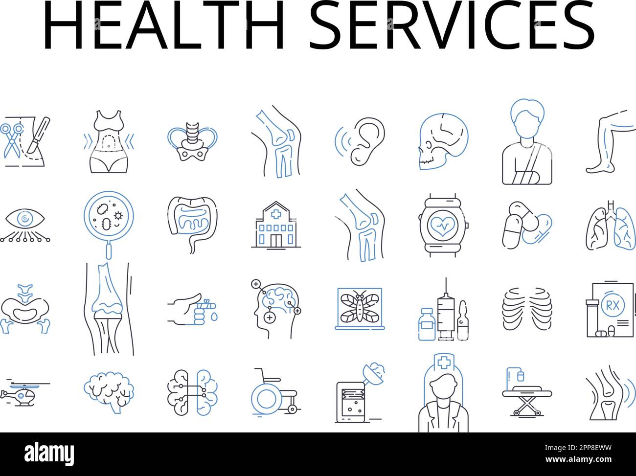 Raccolta di icone della riga dei servizi sanitari. Assistenza medica, strutture benessere, istituzioni sanitarie, terapia fisica, fornitori di servizi sanitari, Olistico Illustrazione Vettoriale