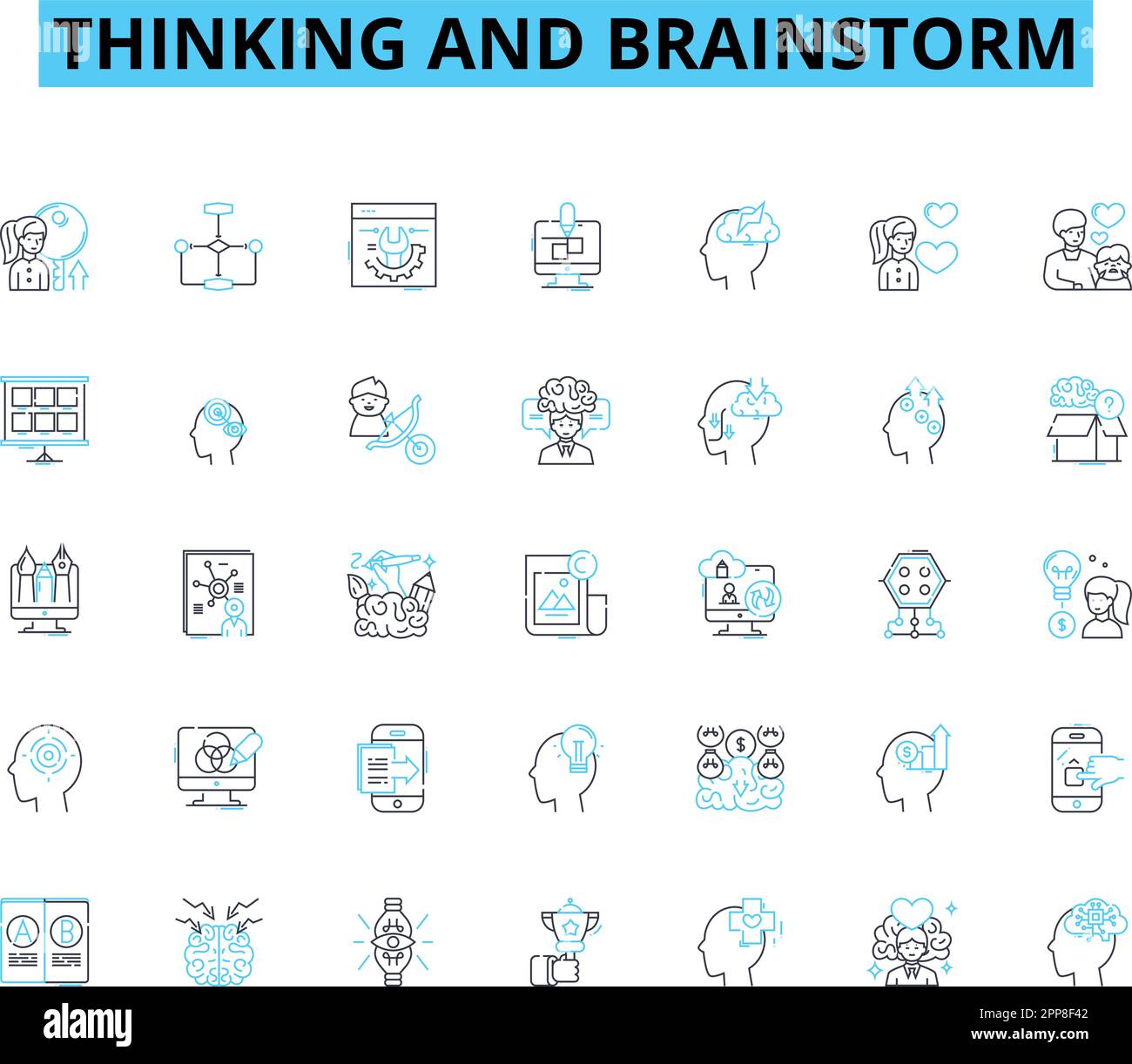 Set di icone lineari per pensare e brainstorming. Divergente, analitica, innovativa, creativa, concettuale, Segnali vettoriali e concettuali ispirati e approfonditi Illustrazione Vettoriale