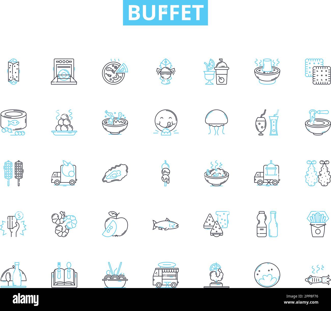 Set di icone lineari a buffet. Sparsi, abbondante, varietà, Indulgenza, soddisfacendo, Selezione, vettore di linee sontuoso e segnali concettuali. Abbondanza, festa, opzioni Illustrazione Vettoriale