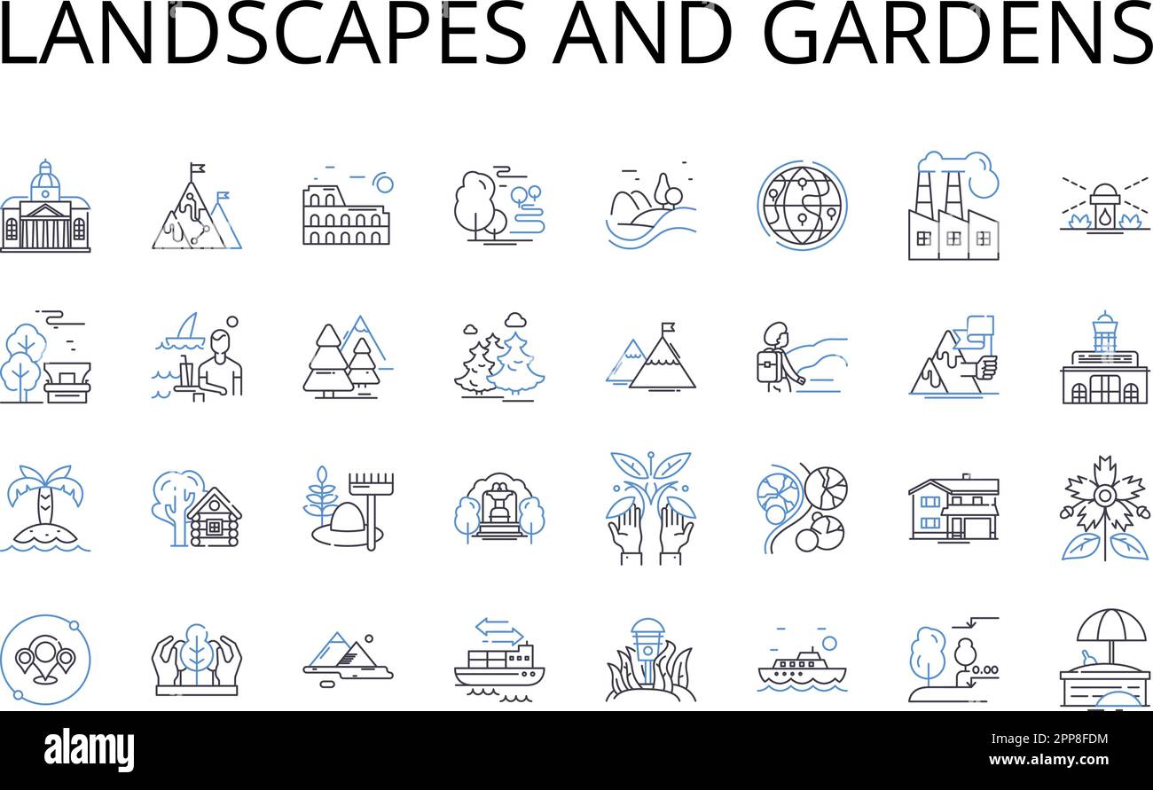 Paesaggi e giardini linea icone collezione. Vista mare, accesso alla spiaggia, Vista montagna, panorama sullo skyline, sentieri nella foresta, Ritiro di campagna, giungla urbana Illustrazione Vettoriale