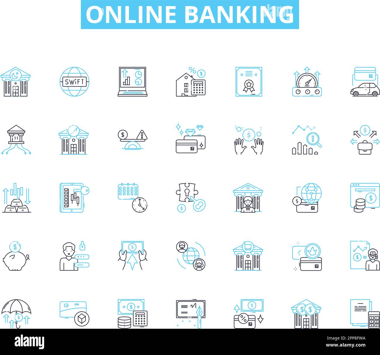 Set di icone lineari per il banking online. Sicuro, conveniente, accessibile, mobile, digitale, Segnaletica vettoriale e concettuale efficiente e sicura. Trusrthy, veloce Illustrazione Vettoriale