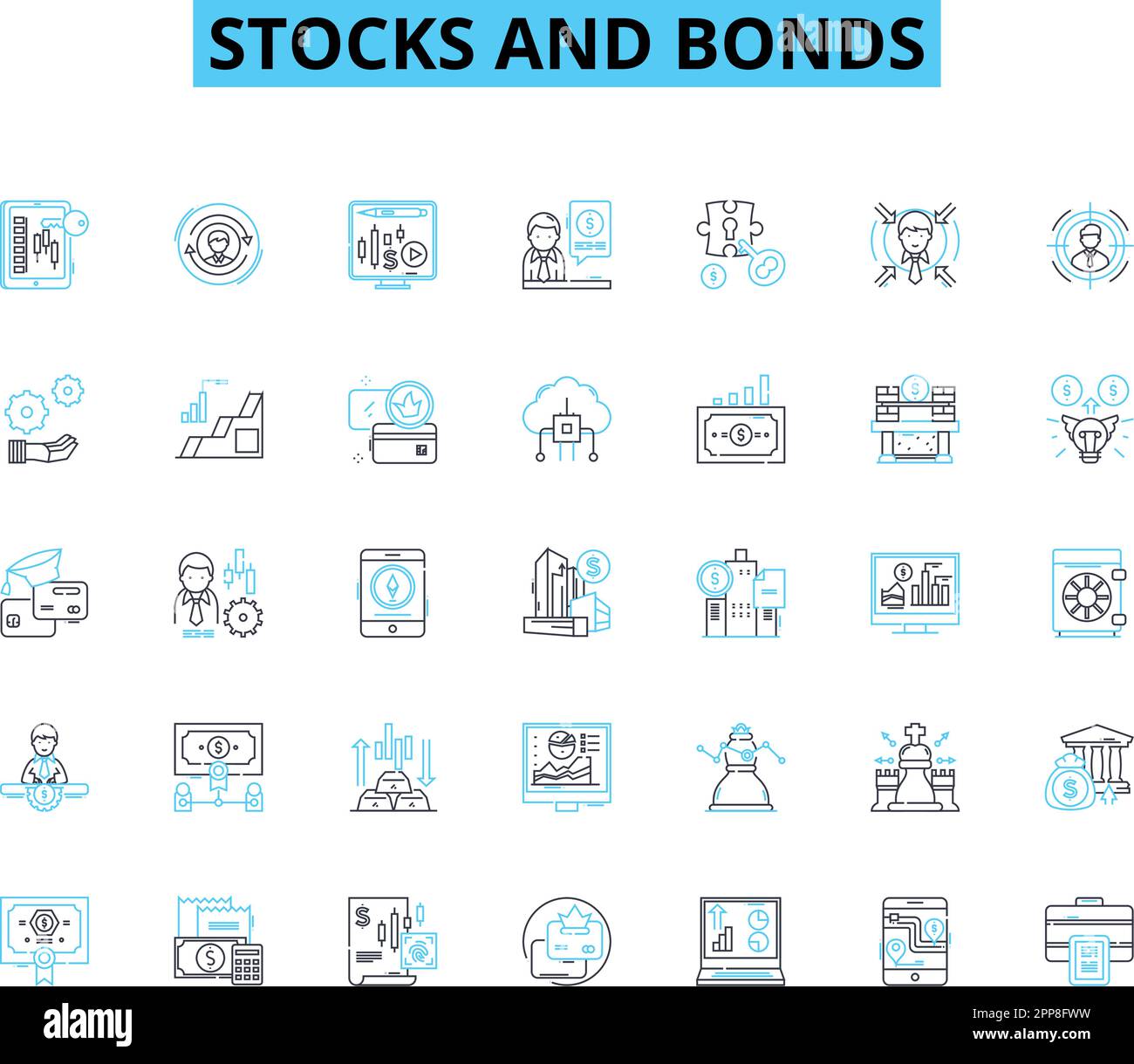 Set di icone lineari di titoli e obbligazioni. Asset, Dividend, portafoglio, titoli, rendimento, Trading, vettore di linea di investimento e segnali di concetto. Acquisto,di,titoli,Acquisto,di,titoli,Acquisto Illustrazione Vettoriale