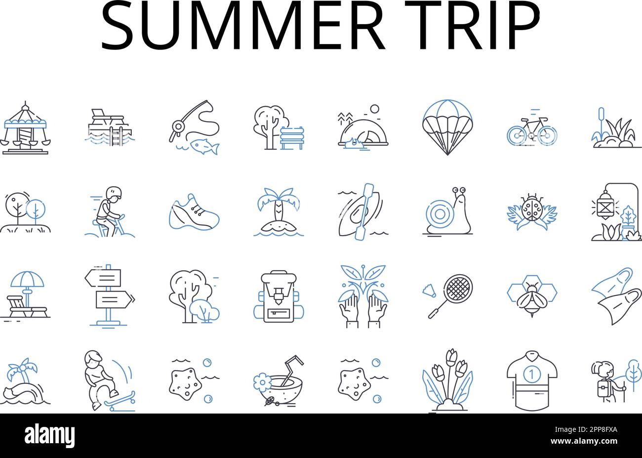 Collezione icone linea viaggio estivo. Fuga in spiaggia, viaggio in strada, spedizione in montagna, escursione sciistica, crociera sul fiume, Vacanza tropicale, vettore City Break Illustrazione Vettoriale