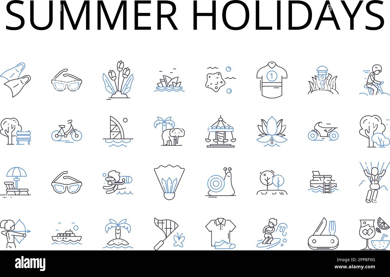 Collezione icone linea vacanze estive. Vacanza, pausa, fuga, viaggio, ritiro, Respite, vettore tempo libero e illustrazione lineare. Recesso,tempo libero Illustrazione Vettoriale