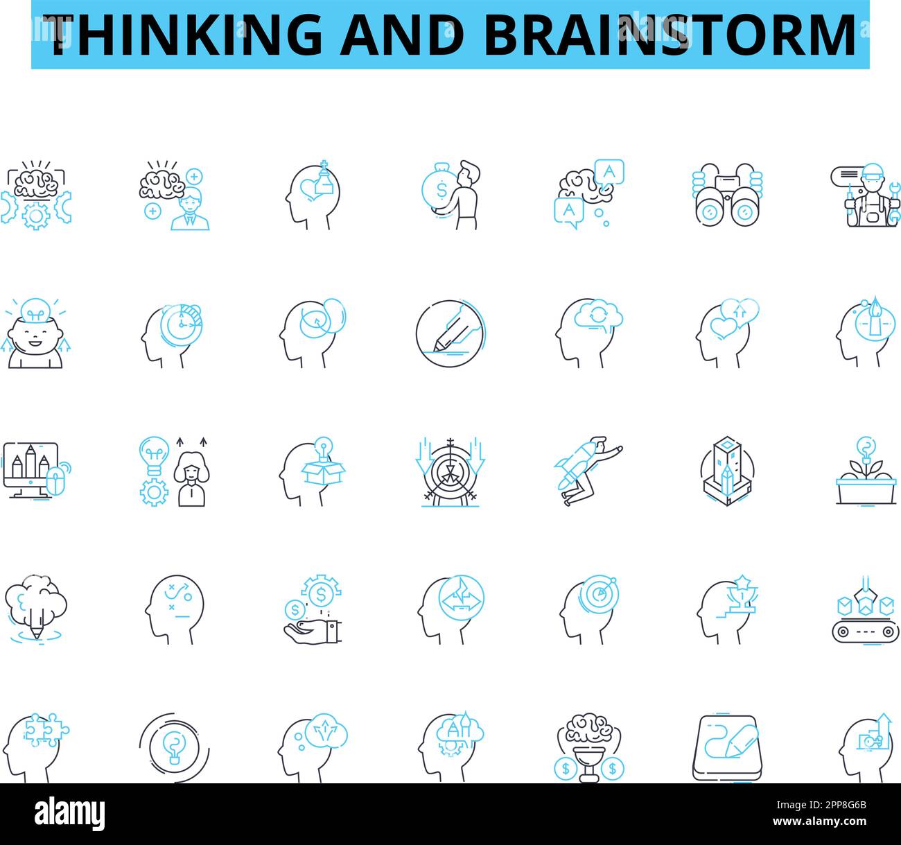 Set di icone lineari per pensare e brainstorming. Divergente, analitica, innovativa, creativa, concettuale, Segnali vettoriali e concettuali ispirati e approfonditi Illustrazione Vettoriale