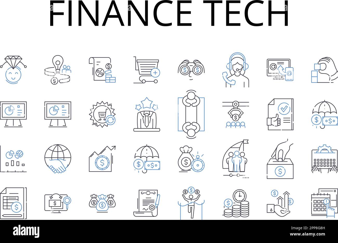Collezione icone linea tecnica finanziaria. Assistenza legale, arti creative, marketing digitale, scienze comportamentali, settore medico, Social media, analisi aziendale Illustrazione Vettoriale