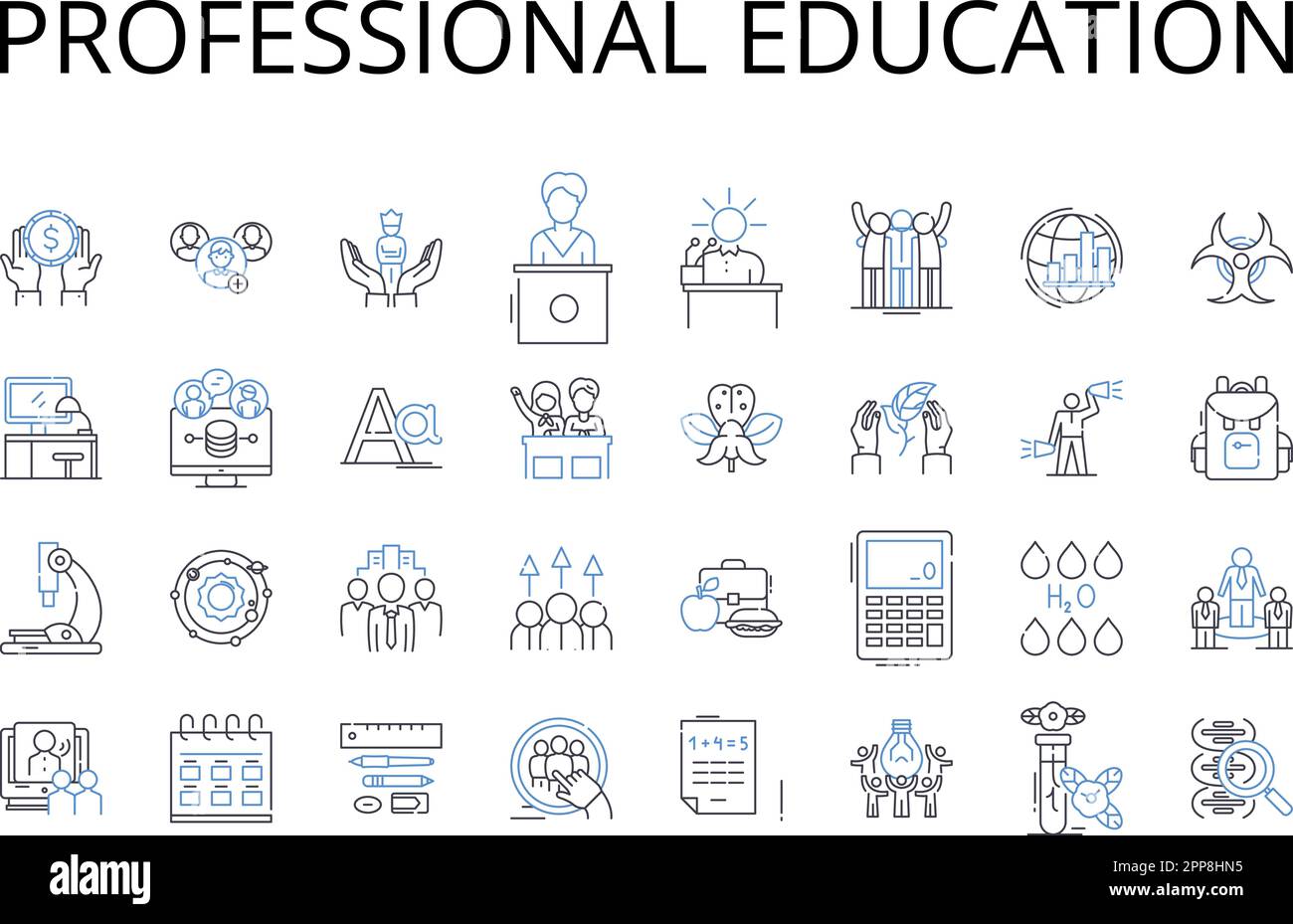 Collezione di icone della linea di formazione professionale. Istruzione superiore, formazione di esperti, formazione tecnica, Studi avanzati, Studi laureati, Specializzato Illustrazione Vettoriale