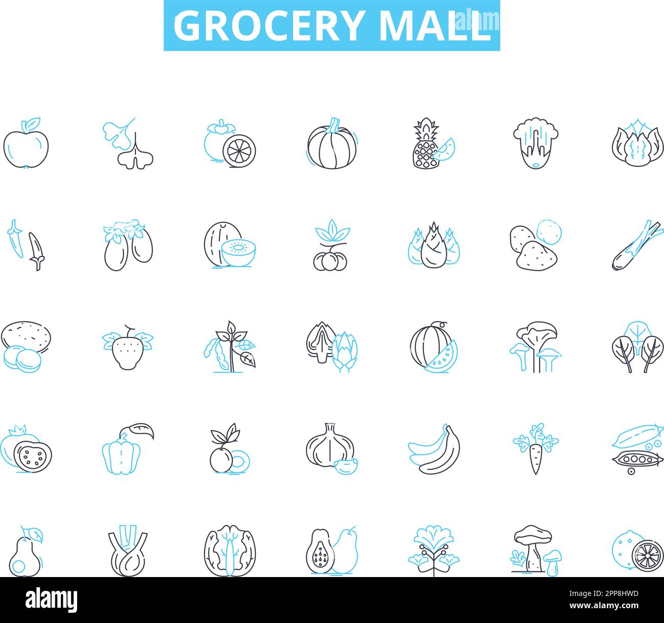 Icone lineari del centro commerciale della drogheria. Produca, caseificio, carne, panetteria, congelato, Snacks, vettore di linea in scatola e segnali concettuali. Bevande, deli, condimenti contorno Illustrazione Vettoriale