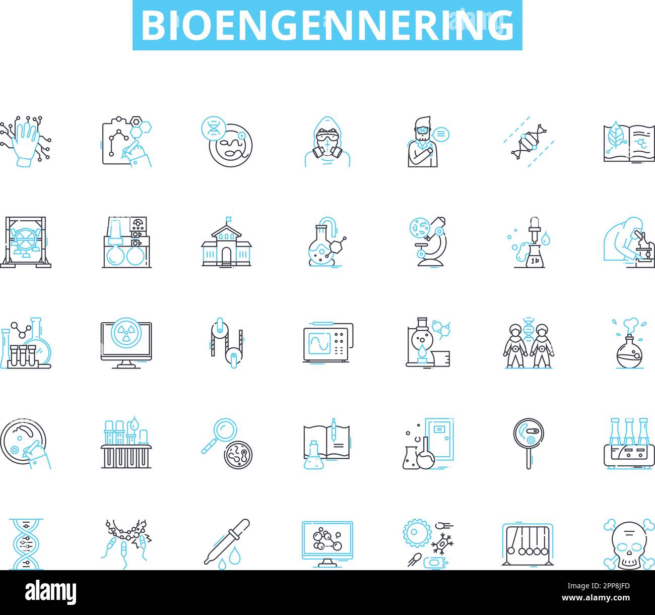 Set di icone lineari Bioengennering. Biomateriali, biomeccanica, bioprocessing, bioreattori, nanotecnologia, Ingegneria dei tessuti, linea di biocompatibilità Illustrazione Vettoriale