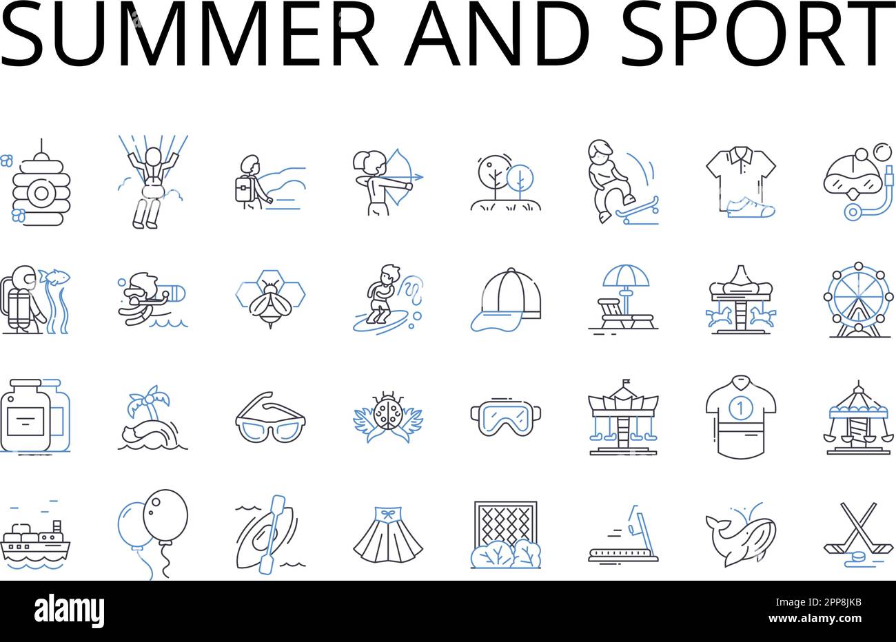 Collezione icone linea estate e sport. Tempo soleggiato e atletica, stagione calda e ricreazione, estate e esercizio fisico, periodo caldo e fisico Illustrazione Vettoriale