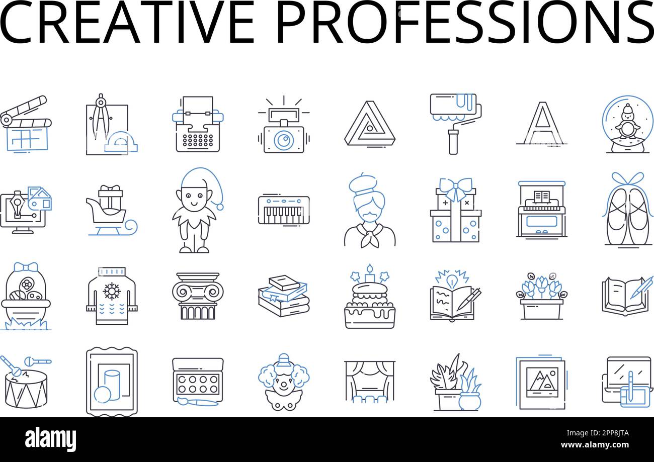 Collezione di icone della linea Creative Professions. Industria della moda, Carriere mediatiche, lavori artistici, settori innovativi, vocazioni inventive, Visionario Illustrazione Vettoriale