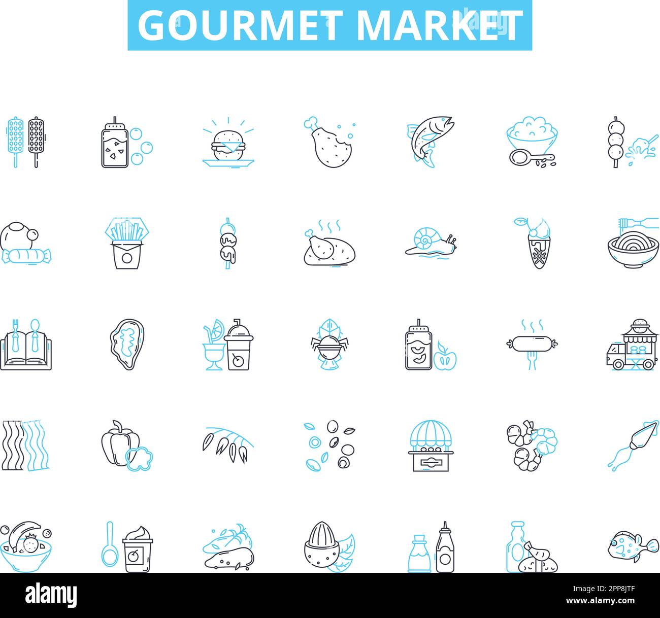 Set di icone lineari del mercato gourmet. Artigianale, biologico, specialità, locale, unico, Qualità, vettore di linea fresco e segnali concettuali. Esotico, importato, lavorato a mano Illustrazione Vettoriale