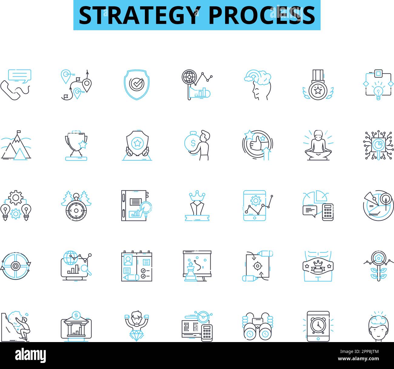 Set di icone lineari di elaborazione strategia. Pianificazione, analisi, esecuzione, allineamento, valutazione, Tattiche, vettore di linea di visione e segnali di concetto. Obiettivi Illustrazione Vettoriale