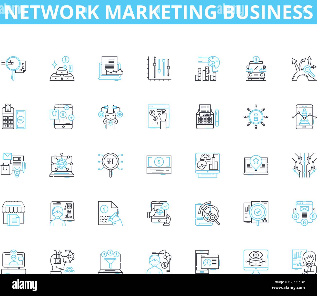 Network marketing business lineare icone set. MLM, downline, reclutamento, multilivello, compensazione, Lavoro di squadra, vettore della linea di leadership e segnali di concetto Illustrazione Vettoriale