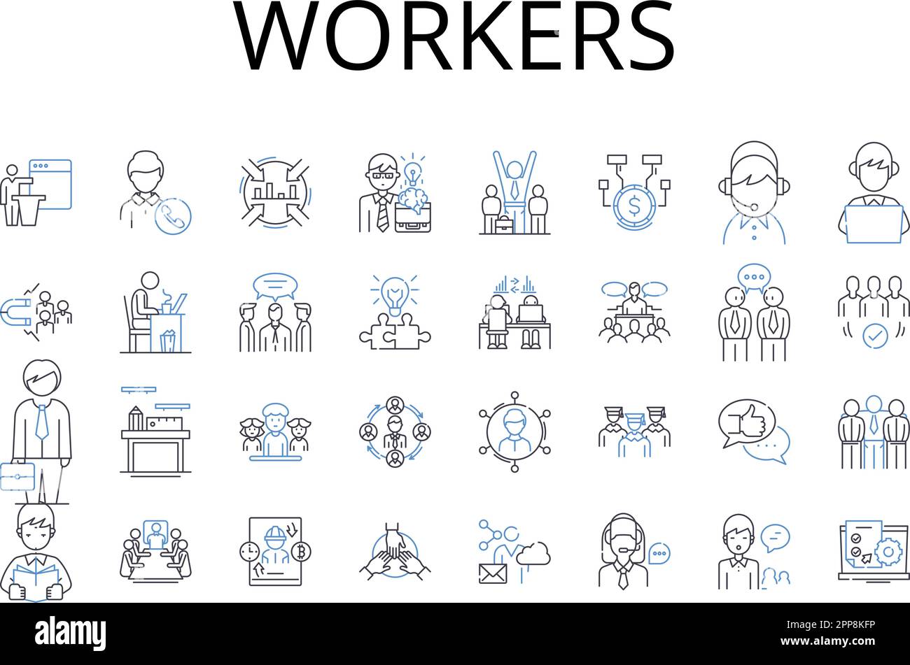 Collezione di icone della linea Workers. Dipendenti, personale, lavoratori, operatori, personale, Colleghi, colleghi, figure vettoriali e lineari. Associati Illustrazione Vettoriale