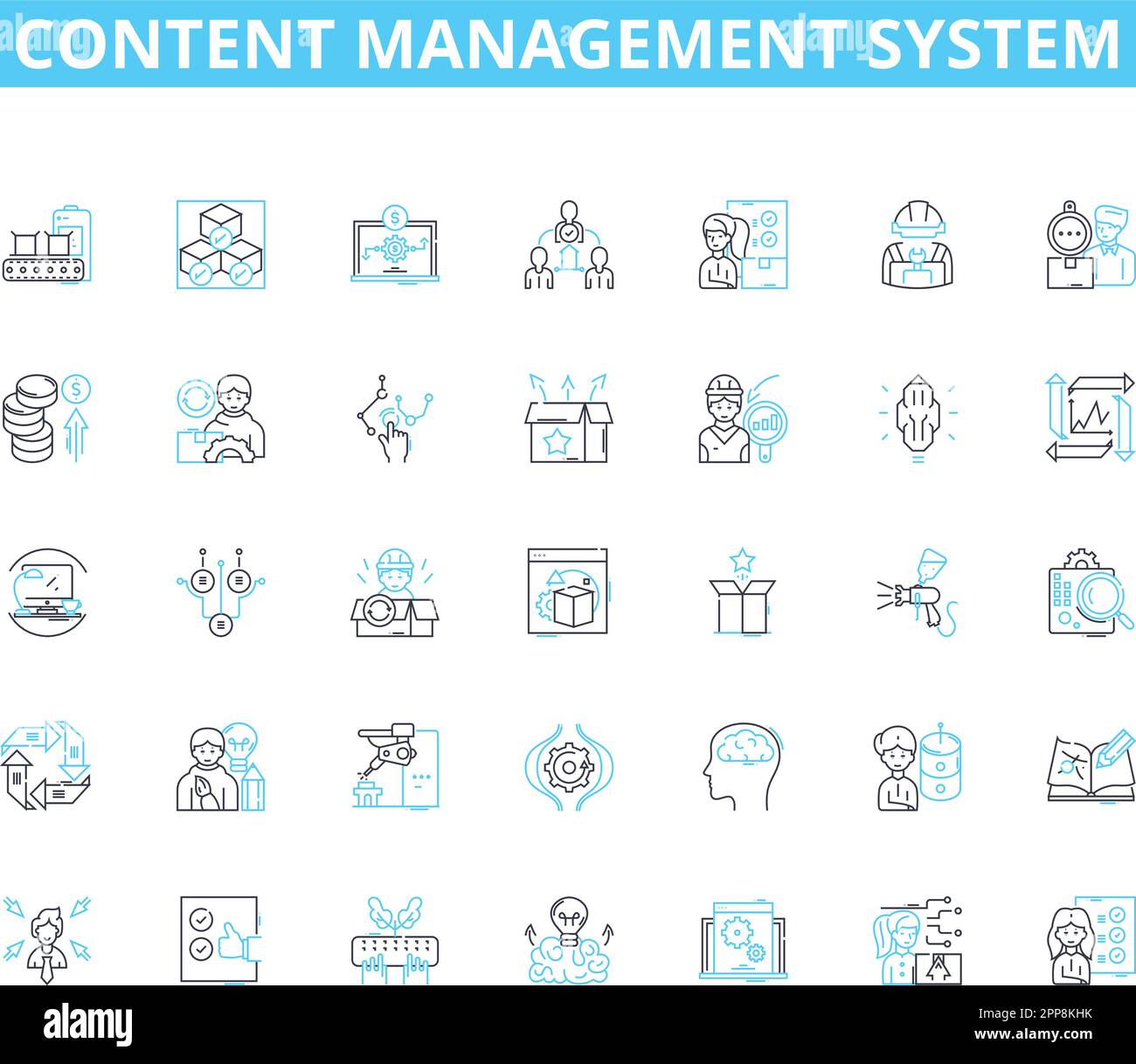 Set di icone lineari del sistema di gestione dei contenuti. Database, interfaccia, modello, Plugin, Widget, Piattaforma, vettore di linea di amministrazione e segnali concettuali Illustrazione Vettoriale