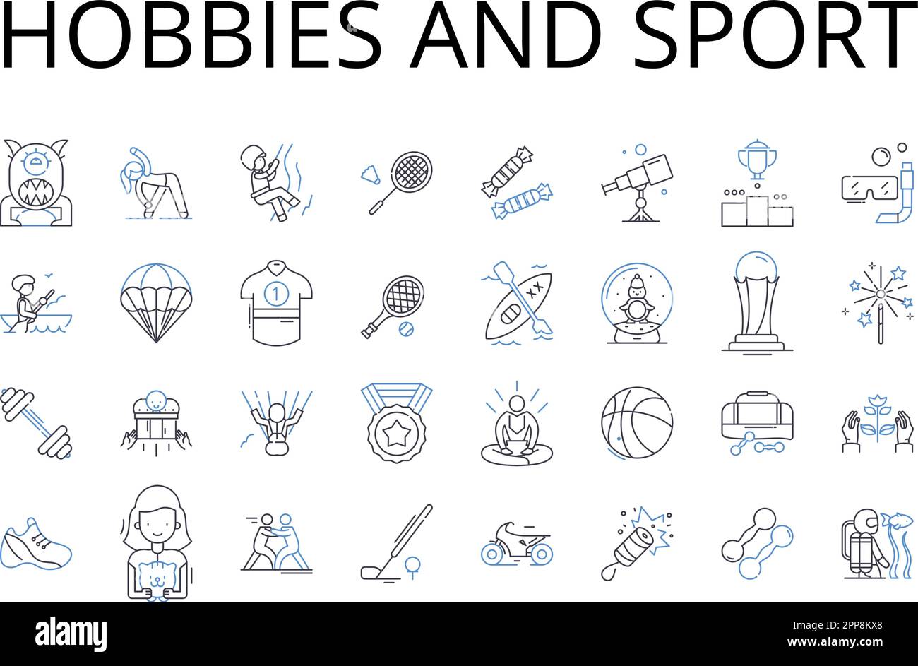 Hobby e collezione di icone linea sport. Passatempo, attività ricreative, interessi, divertimenti, Deviazioni, Extracurricular Illustrazione Vettoriale