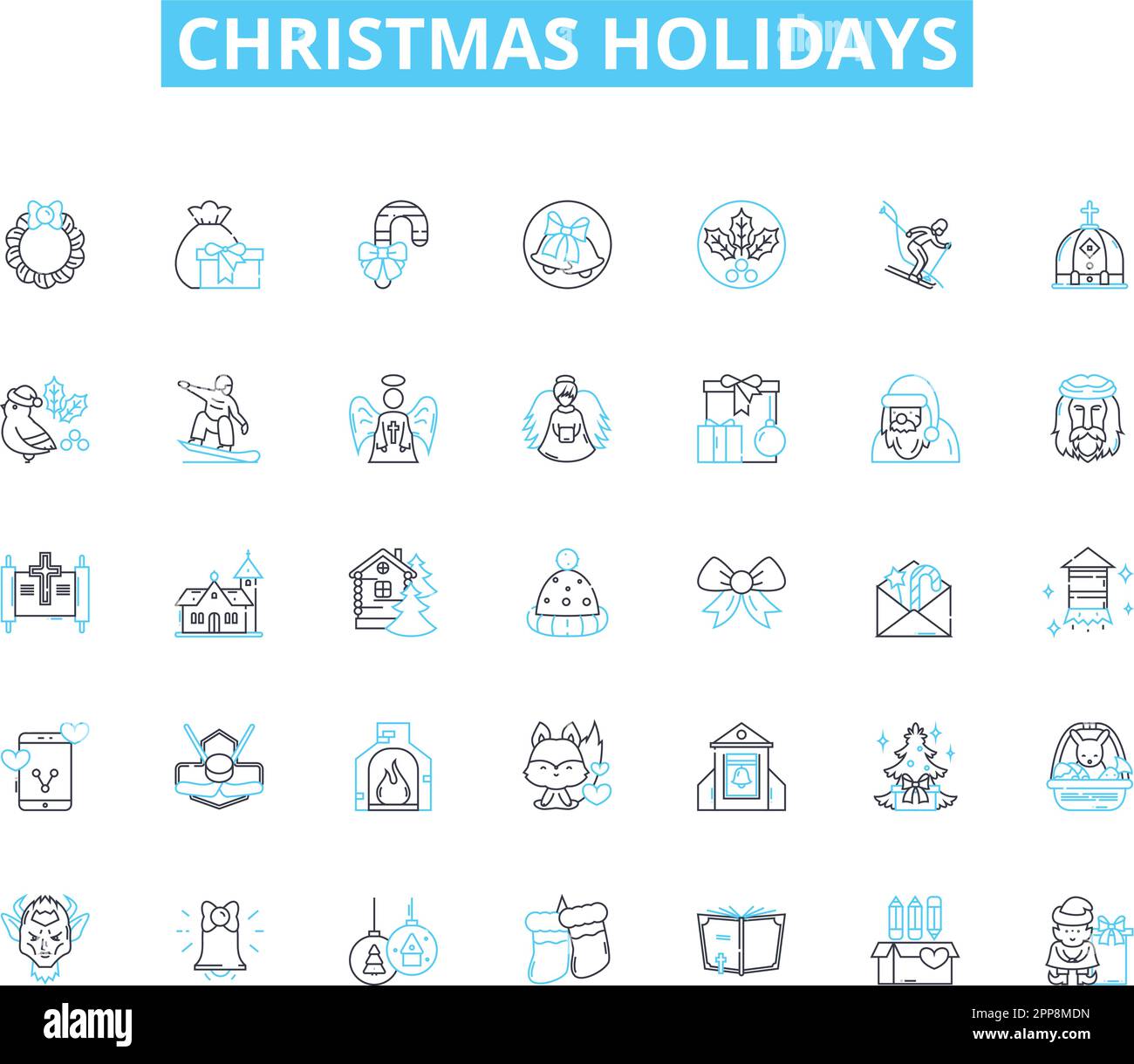 Natale vacanze lineari icone set. Festive, agrifoglio, renne, Eggnog, decorazioni, Pan di zenzero, vettore di linea Carols e segnali concettuali. Santa, Mistletoe Illustrazione Vettoriale