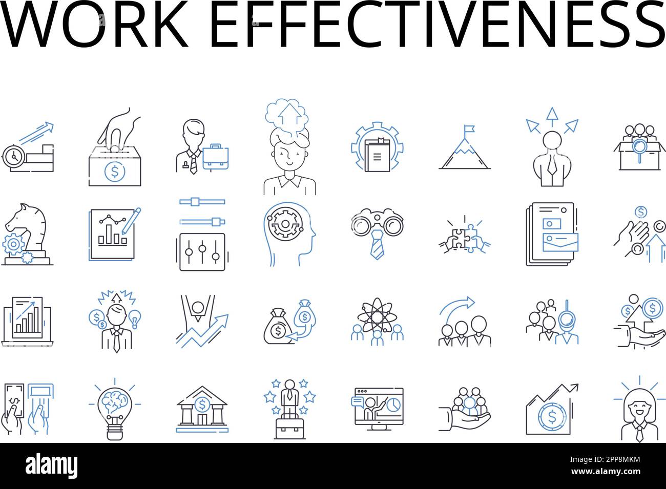 Raccolta di icone della linea di efficacia del lavoro. Sinergia del team, coinvolgimento dei dipendenti, efficienza delle attività, produttività delle riunioni, gestione del tempo, Utilizzo delle competenze Illustrazione Vettoriale
