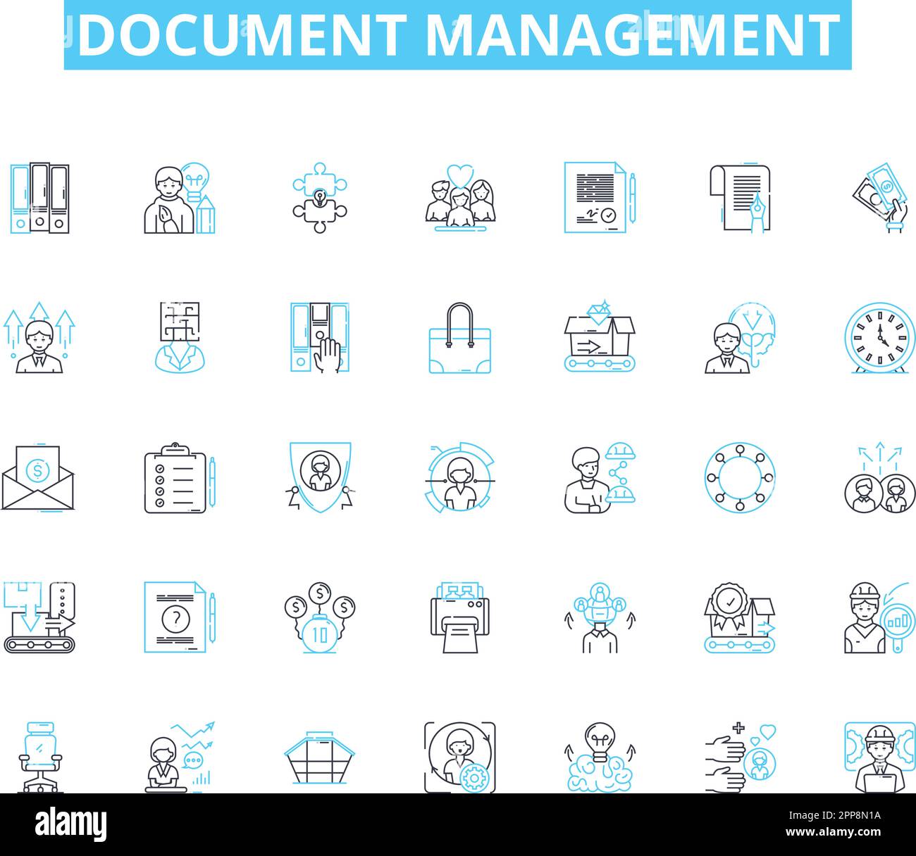 Set di icone lineari per la gestione dei documenti. Organizzazione, efficienza, automazione, sicurezza, flusso di lavoro, Collaborazione, vettore di linea di audit e segnali concettuali Illustrazione Vettoriale