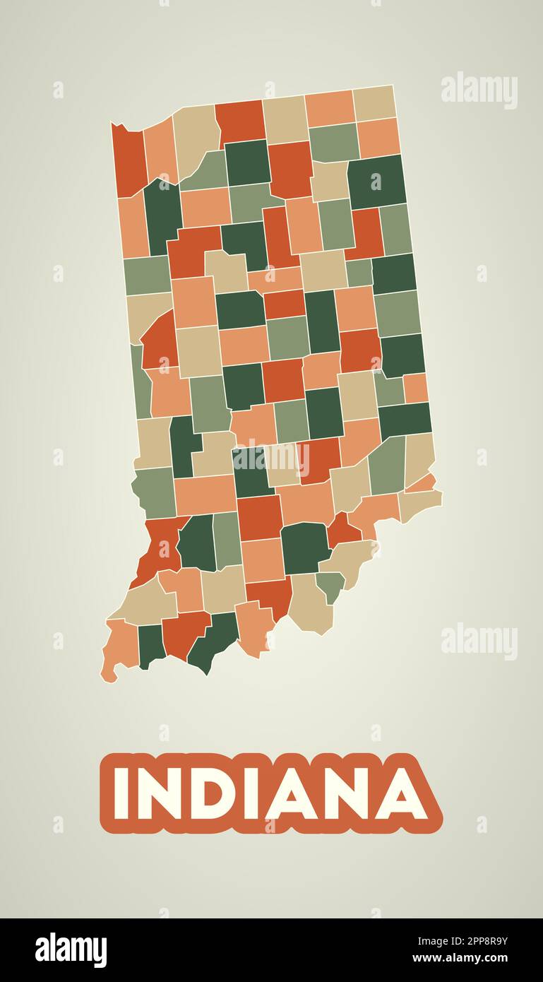 Poster Indiana in stile retrò. Mappa dello stato degli Stati Uniti con regioni nella tavolozza dei colori autunnali. Forma dell'Indiana con il nome dello stato degli Stati Uniti. Illustrazione Vettoriale