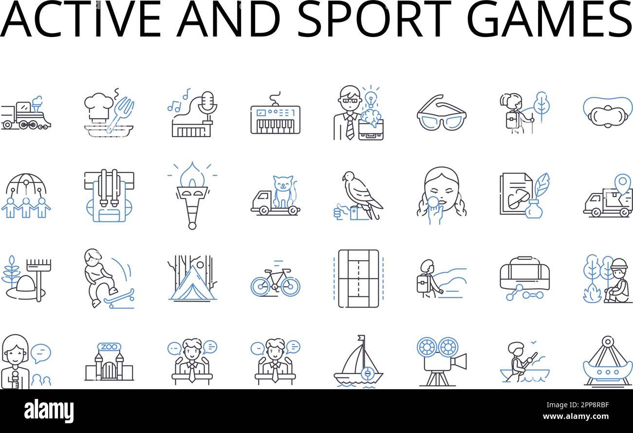 Giochi attivi e sportivi linea icone collezione. Sport dinamici, giochi ad alta energia, attività atletiche vigorose, attività ricreative vivaci, fisico robusto Illustrazione Vettoriale