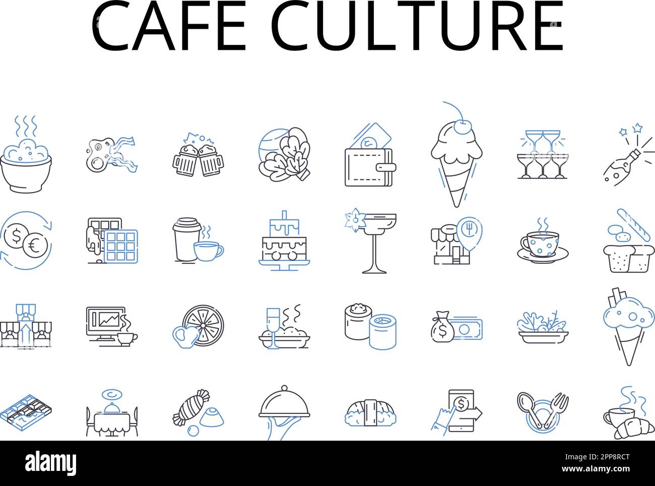 Collezione di icone della linea di cultura del caffè. Scena gastronomica, stile urbano, Street fashion, cultura musicale, comunità artistica, Vita notturna, vettore di cultura della spiaggia e. Illustrazione Vettoriale
