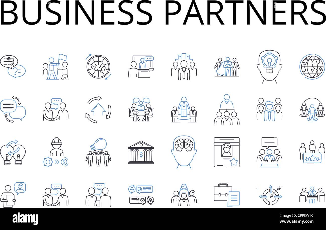 Collezione di icone della linea Business Partners. Team collaborativo, alleanza cooperativa, Joint Venture, coppia complementare, Duo dinamico, Simbiotico Illustrazione Vettoriale