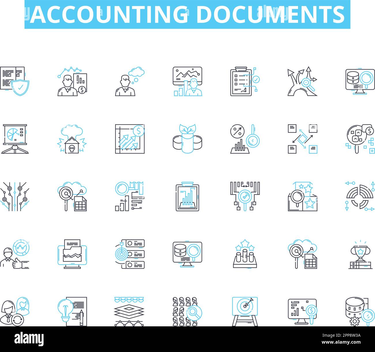 Set di icone lineari dei documenti contabili. Contabilità, giornale, bilancio, conto economico, conto del flusso di cassa, Dichiarazione dei redditi, vettore riga fattura e. Illustrazione Vettoriale