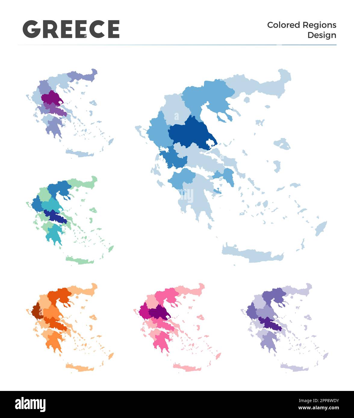 Raccolta di mappe per la Grecia. Confini della Grecia per la vostra infografica. Regioni di paese colorate. Illustrazione vettoriale. Illustrazione Vettoriale