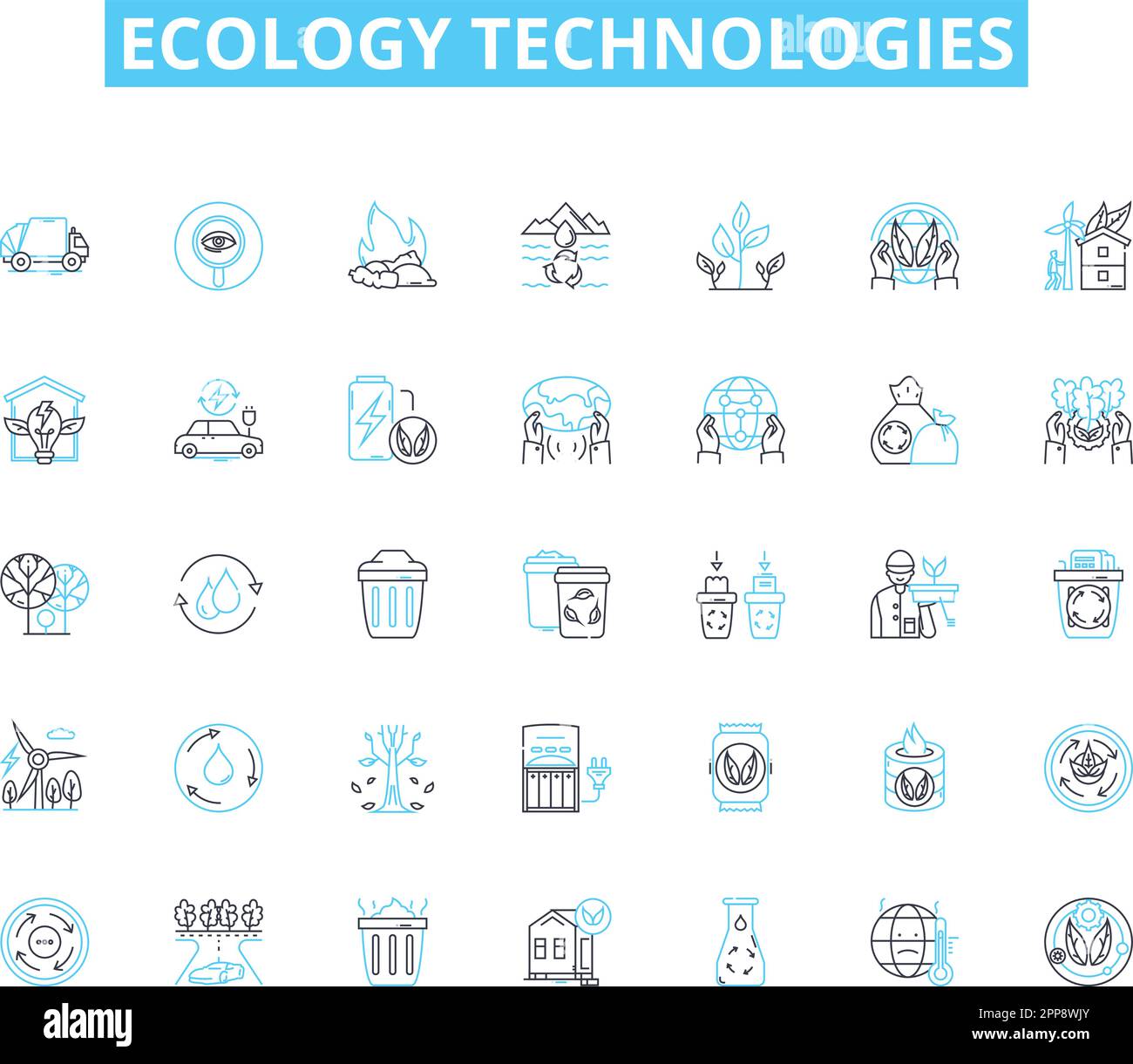 Set di icone lineari per le tecnologie ecologiche. Solare, Vento, Geotermico, biomassa, idroelettrico, Carbonio-neutro, linea di compostaggio vettore e segnali concettuali Illustrazione Vettoriale