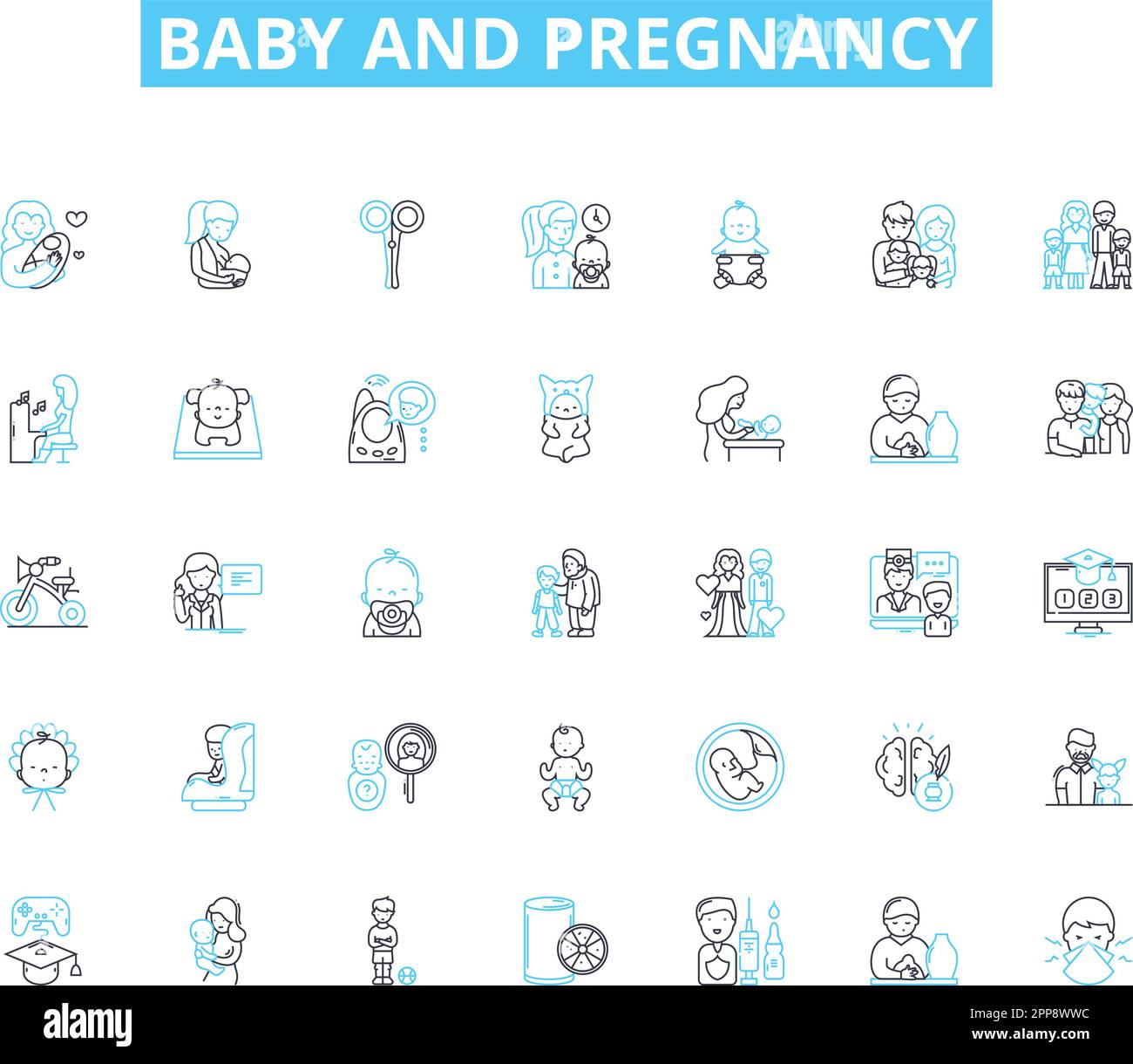 Set di icone lineari per neonati e gravidanze. Neonato, maternità, feto, ventre, utero, Travaglio, vettore di linea di Concezione e segni di concetto. Ecografia, pannolino Illustrazione Vettoriale