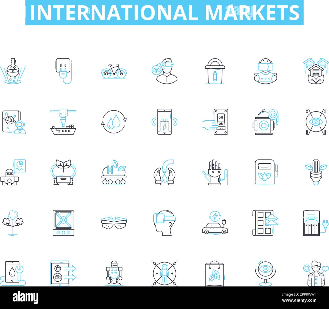 Set di icone lineari per i mercati internazionali. Globalizzazione, commercio, esportazione, importazione, transfrontaliero, Scambio, vettore di linea multinazionale e segnali di concetto Illustrazione Vettoriale