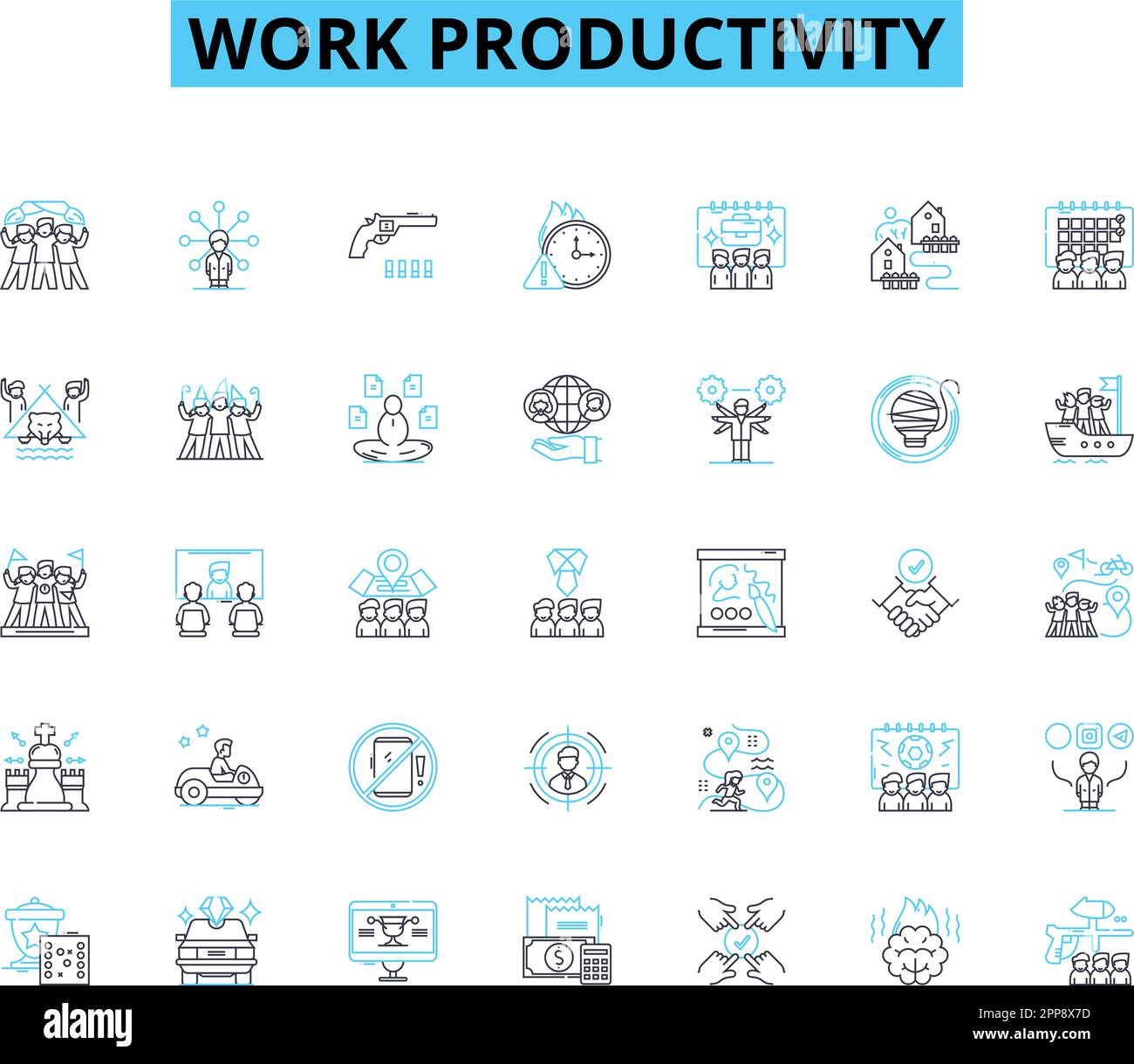 Set di icone lineari per la produttività del lavoro. Efficienza, motivazione, concentrazione, gestione del tempo, organizzazione, Prioritizzazione, vettore linea disciplina e concetto Illustrazione Vettoriale