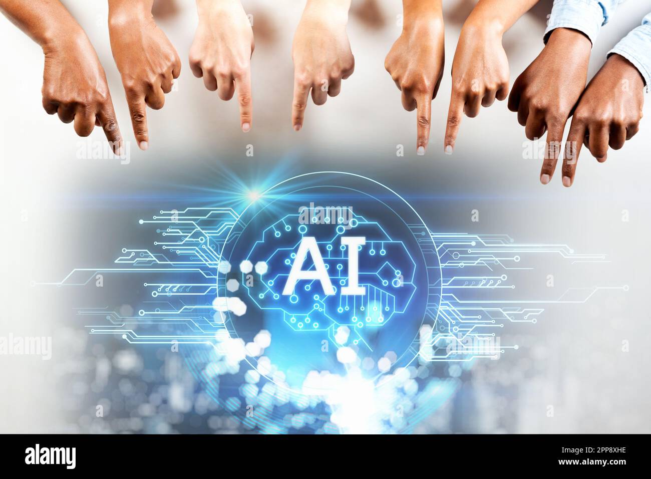 Persone puntano la mano tecnologia ai grafica digitale sfondo nero, ai apprendimento automatico mani di robot scienza e intelligenza artificiale tec Foto Stock