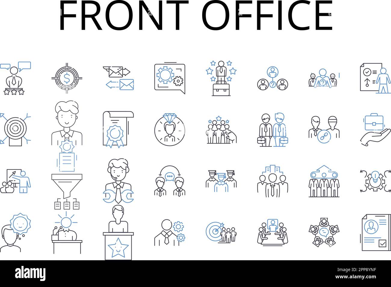 Collezione di icone della linea del front Office. Area backstage, Servizio clienti, Reception, supporto amministrativo, Suite Executive, Centro servizi, ospiti Illustrazione Vettoriale