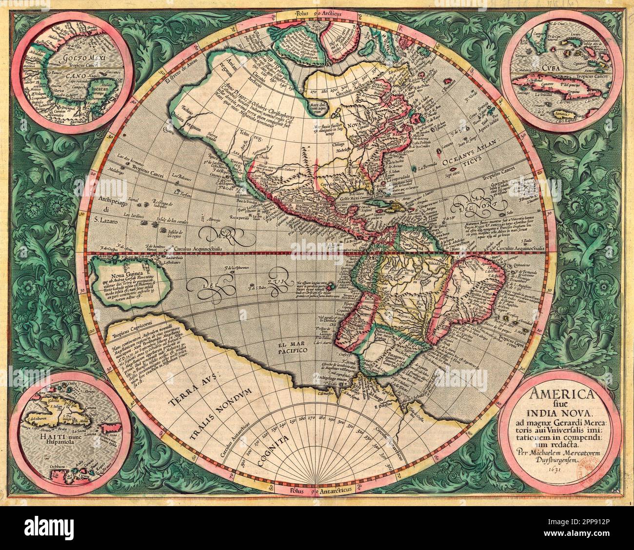 Mappa antica colorata del nuovo mondo (Americhe) 1607 di Michael Mercator, Fiammingo (1567-1614), America Sive India Nova (America e Nuova India) Foto Stock